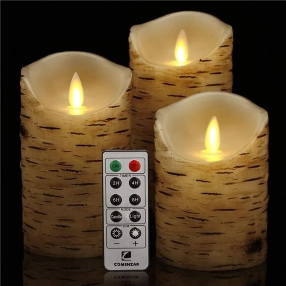 Set of 3 (H: 4" 5" 6" x D: 3.25")Birch Bark Battery Candles Real Wax Pillar - Picture 5 of 6